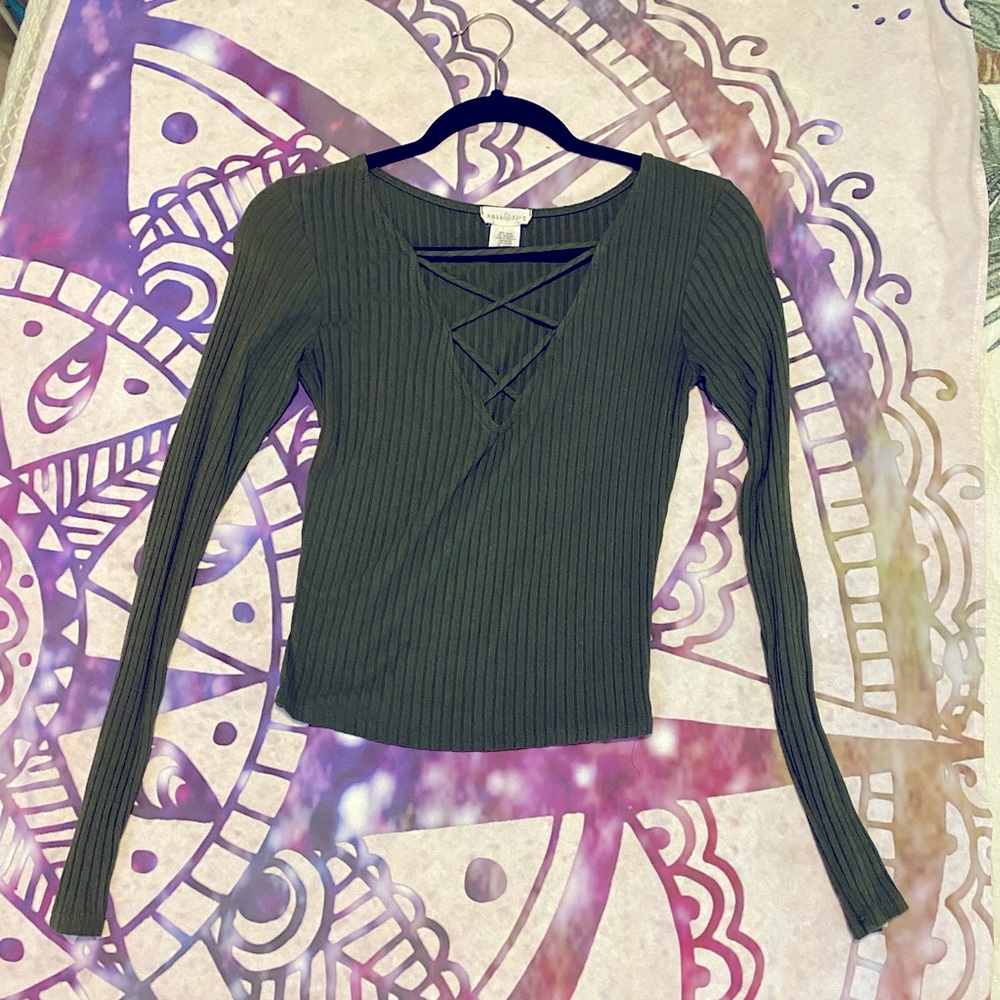 Green long sleeve lace up top